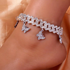 Hip Hop Punk Anklets for Women Rhinestone Chunky Cuban Link Chain Butterfly
