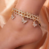Hip Hop Punk Anklets for Women Rhinestone Chunky Cuban Link Chain Butterfly