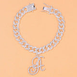 Beach Cursive A-Z Initial Anklet Crystal Cuban Link Ankle Bracelet