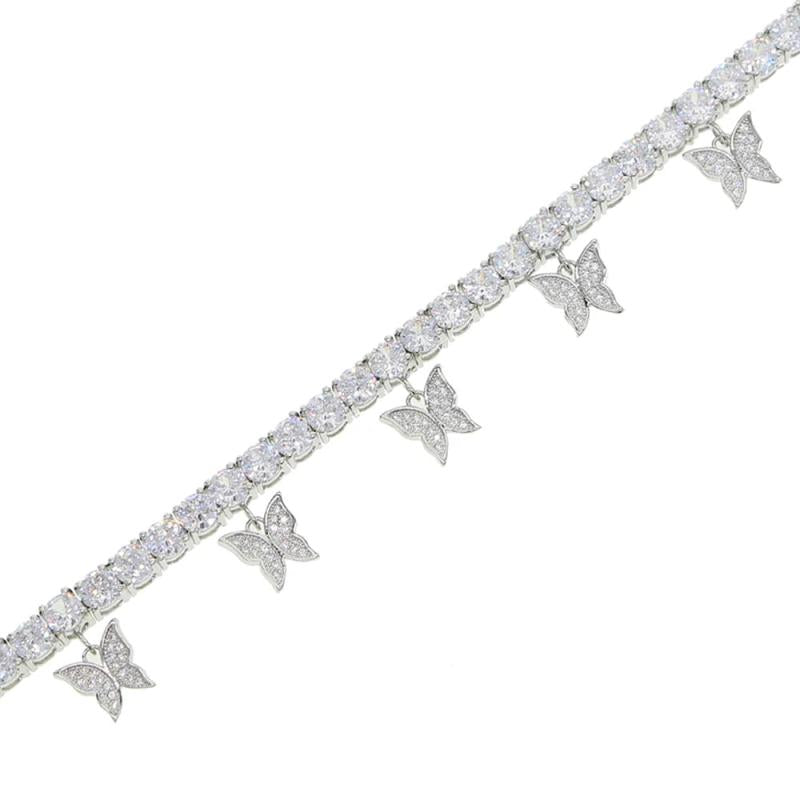 Silver CZ Butterfly Pendant Anklet 5mm Chain