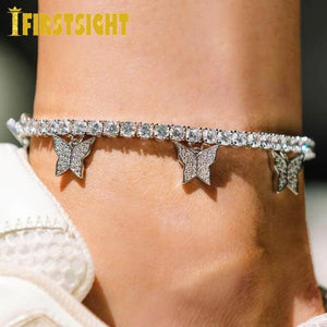 Silver CZ Butterfly Pendant Anklet 5mm Chain