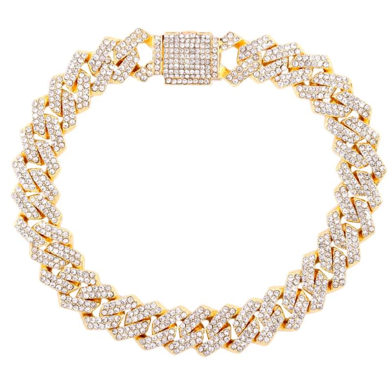 Punk Bling 14mm Prong Cuban Link Anklet For Women Square 2 Row Rhinestones