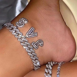 12mm Cuban Link Anklet with Zircon Initial 26 Letter Anklet