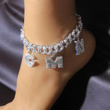 12mm Cuban Link Anklet with Zircon Initial 26 Letter Anklet