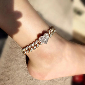 Hip Hop Crystal Heart Anklet Iced Out Rhinestone Foot Chain Bracelet