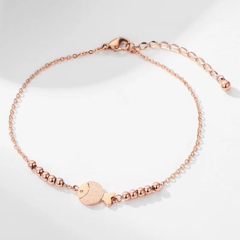 Rose Stainless Steel Chain Anklet with Little Goldfish Beach Design