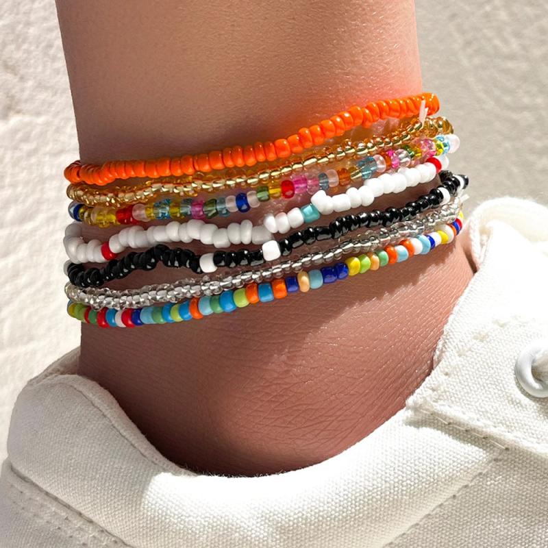 7 Piece Hand Beaded Anklet Bracelet Rainbow Elastic Anklet