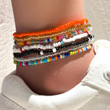 7 Piece Hand Beaded Anklet Bracelet Rainbow Elastic Anklet