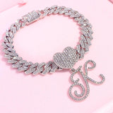 Crystal Heart Initial Anklet Iced Out Cuban Link Bracelet