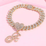 Crystal Heart Initial Anklet Iced Out Cuban Link Bracelet
