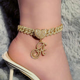 Crystal Heart Initial Anklet Iced Out Cuban Link Bracelet