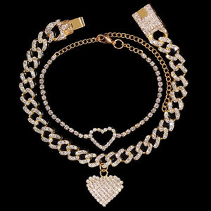 Bling Heart Cuban Link Anklets Set for Women Iced Out Ankle Bracelet Hip Hop
