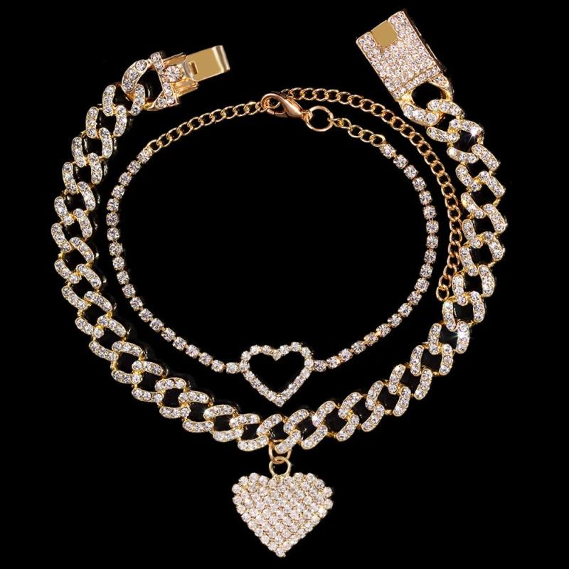 Bling Heart Cuban Link Anklets Set for Women Iced Out Ankle Bracelet Hip Hop