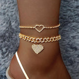 Bling Heart Cuban Link Anklets Set for Women Iced Out Ankle Bracelet Hip Hop