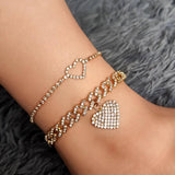 Bling Heart Cuban Link Anklets Set for Women Iced Out Ankle Bracelet Hip Hop