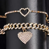 Bling Heart Cuban Link Anklets Set for Women Iced Out Ankle Bracelet Hip Hop