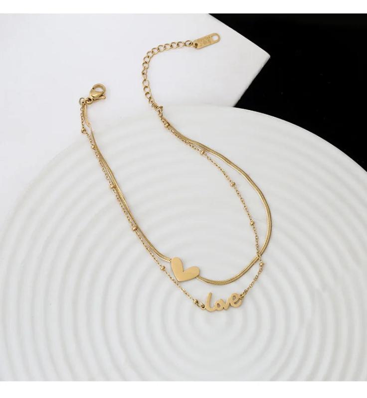 316L Stainless Steel 2 Layer Chain Anklet Love Bracelet For Women