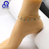Evil Eye Tassel Anklet Silver 2 Layer Foot Chain Ankle Bracelet for Women Girls