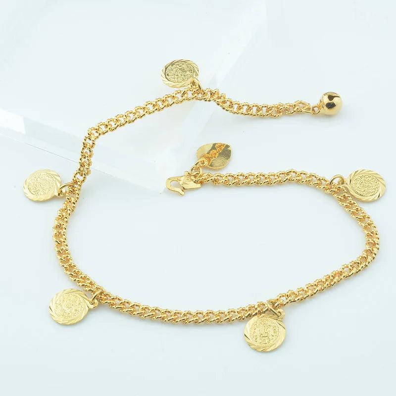 Women Girls Yellow Engraving Anklets Coin Foot Chains Bracelets