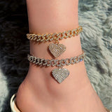 Hip Hop Full Crystal Heart Anklet Bracelet Women Cuban Anklets