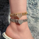 Hip Hop Full Crystal Heart Anklet Bracelet Women Cuban Anklets