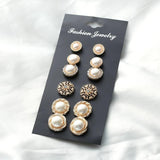 6 Pairs Flower Pearl Earrings - Zircon Crystal Rhinestones Jewelry