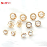 6 Pairs Flower Pearl Earrings - Zircon Crystal Rhinestones Jewelry