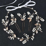Golden Leaf Bridal Hair Band Wedding Crystal Pearl Hairpin Set