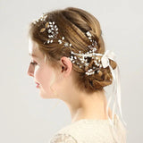 Golden Leaf Bridal Hair Band Wedding Crystal Pearl Hairpin Set