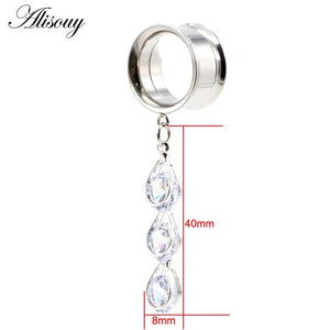 Stainless Steel CZ Pendant Ear Tunnels Plugs Earrings