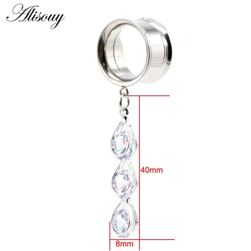 Stainless Steel CZ Pendant Ear Tunnels Plugs Earrings