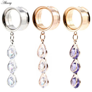 Stainless Steel CZ Pendant Ear Tunnels Plugs Earrings