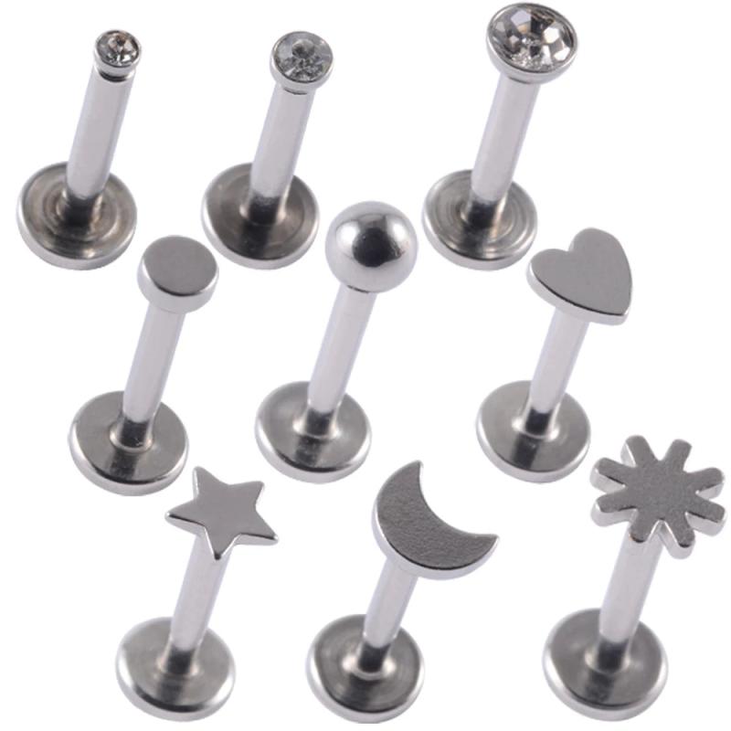 9PCS Surgical Steel Labret Studs Mixed Shapes Lip Piercing Moon Heart