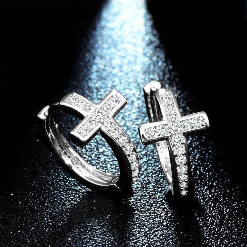 Geometrical Silver Cross Earrings with CZ Zircon Hoop for Women