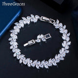 ThreeGraces CZ Silver Leaf Chain Bracelet Bangle for Wedding BR155