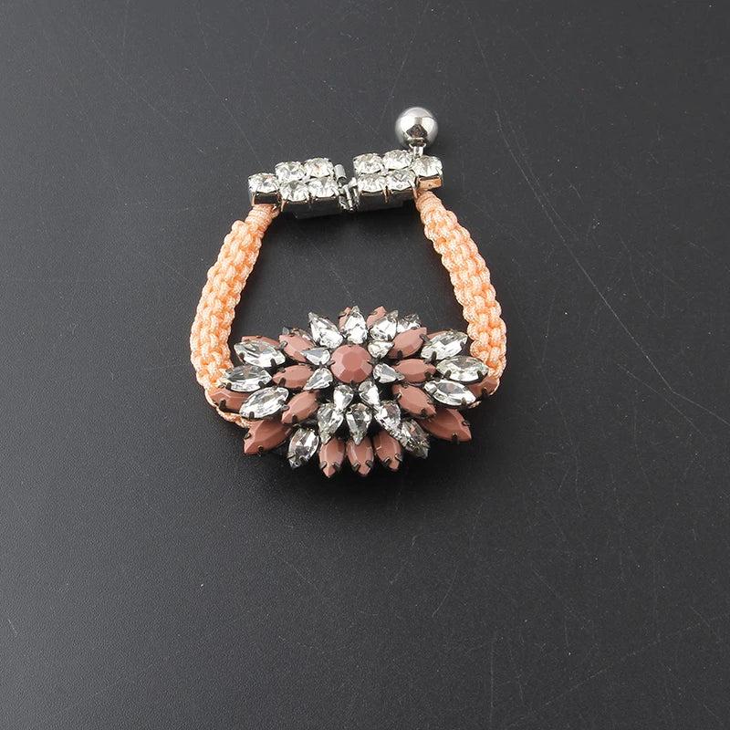 Vintage Flower Statement Rope Bracelet with Crystals