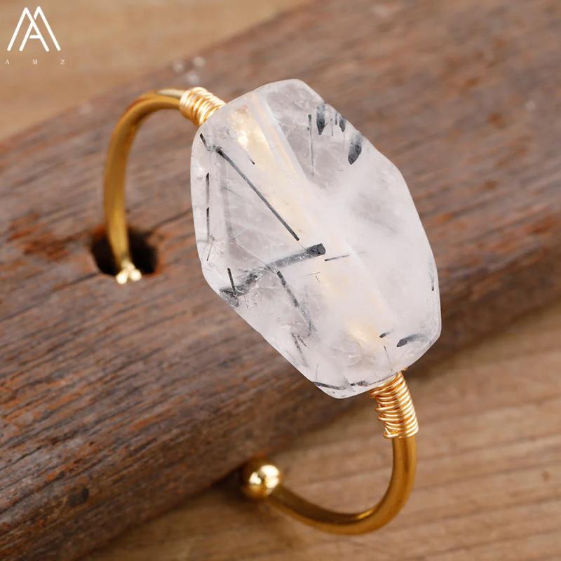 Women Amazonite Stone Open Cuff Bangle Boho Natural Stone Wristband Bracelet