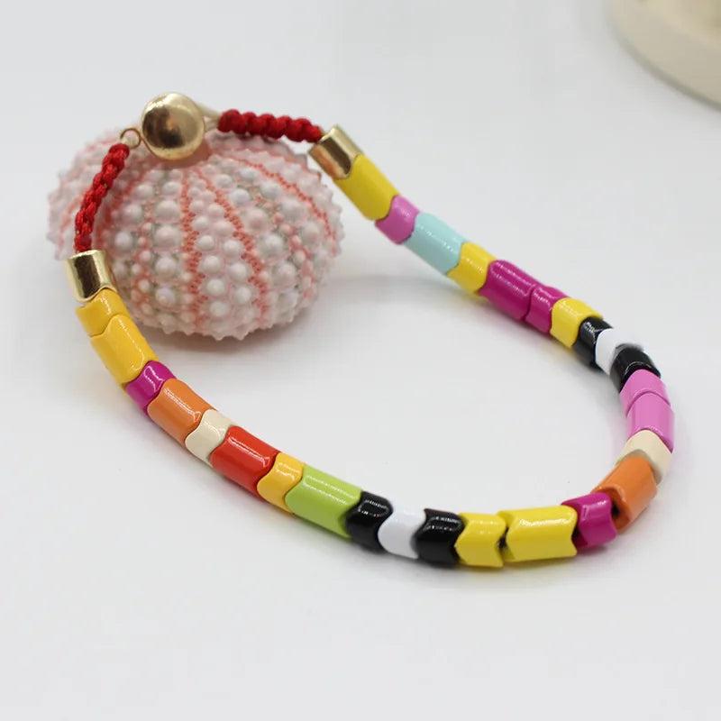 Enamel Rainbow Matching Bracelet Boho Colorful DIY Woven Bead String Bracelet