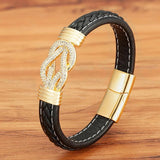 Punk Style Crystal Stainless Steel Braid Leather Bracelet