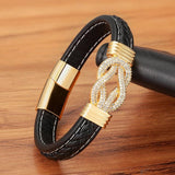 Punk Style Crystal Stainless Steel Braid Leather Bracelet
