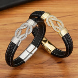 Punk Style Crystal Stainless Steel Braid Leather Bracelet