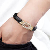 Punk Style Crystal Stainless Steel Braid Leather Bracelet