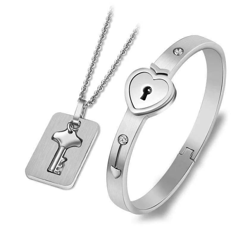 Heart Bracelet Choker Set Stainless Steel Key Pendants Necklace