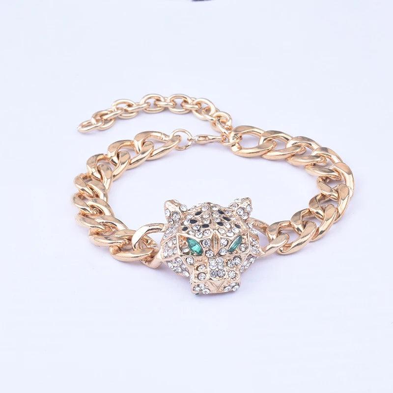 Tiger Leopard Rhinestone Bracelet Thick Chain Hip Hop Punk Men Jewelry