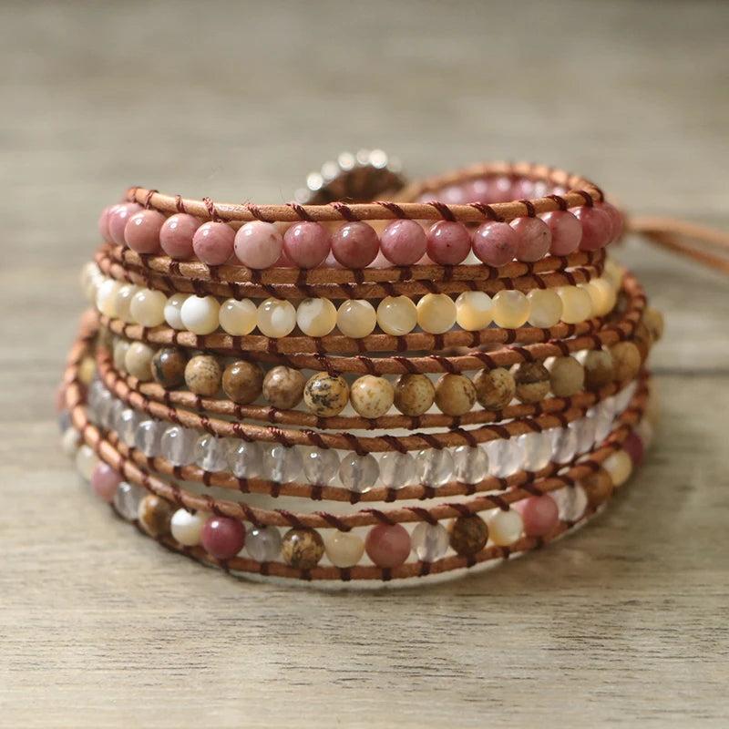 5 Strands Leather Bracelet Natural Stone Handwork Wrap Bracelet