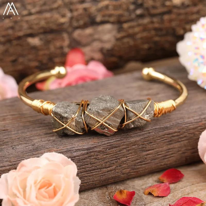 Natural Pyrite Iron Stone Beads Cuff Bracelet Gemstone Chip Beads