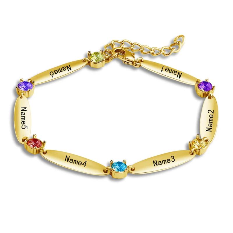 Custom Family Names Bracelet with Birthstone - Engraved Bangle for Mom