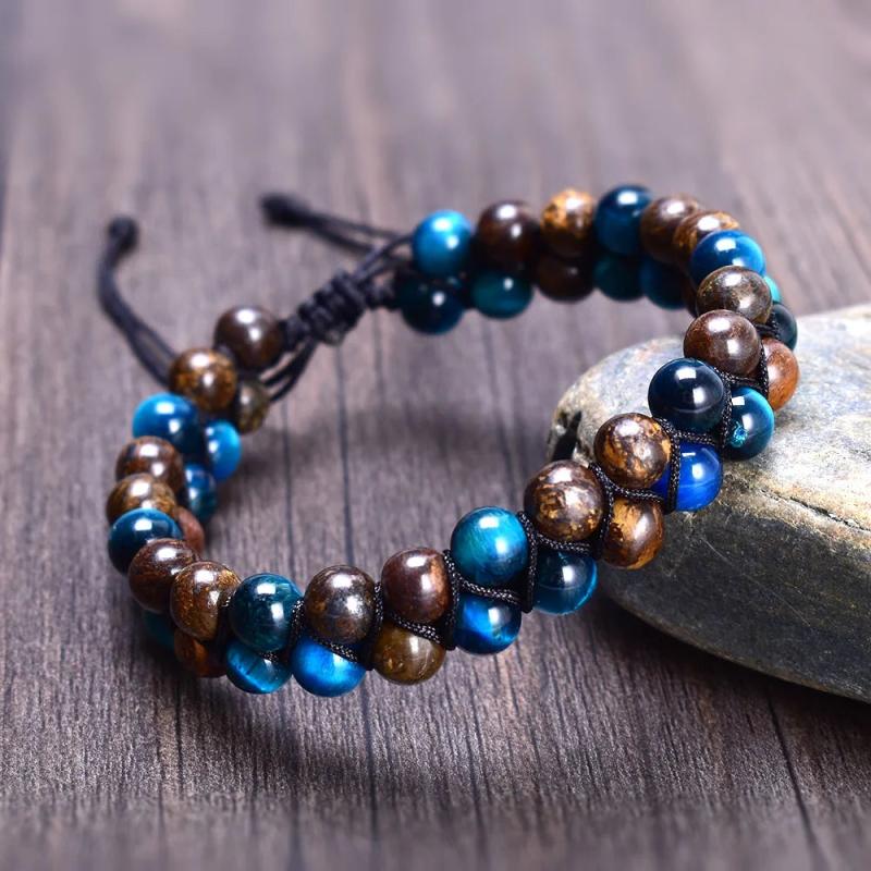 Tiger Eye & Bronzite Stone Beads Double Layer Bracelet for Men
