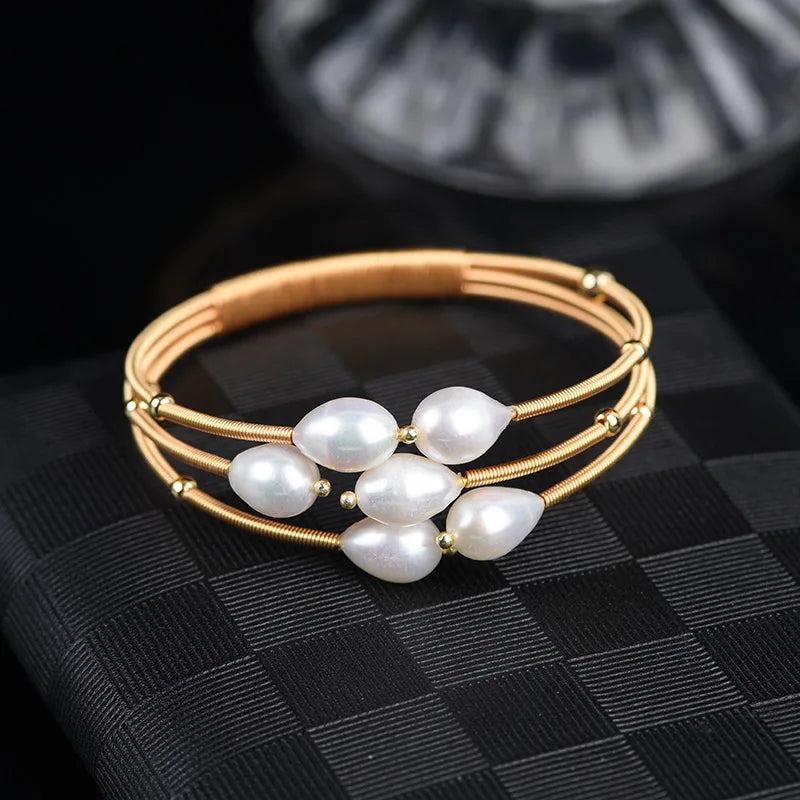 14K Plated Baroque Pearl Cuff Bangles for Women