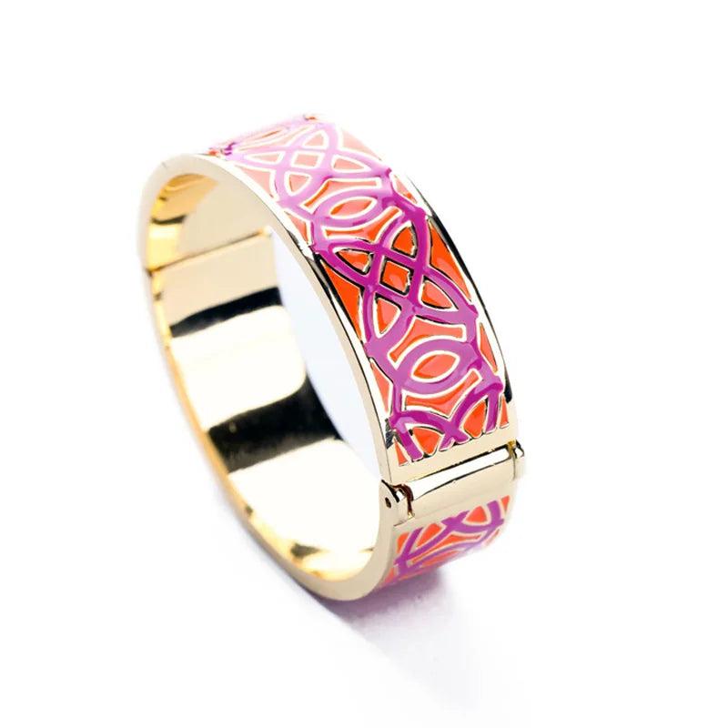 Ethnic Carving Alloy Bangle Green Red Enamel Magnetic Cuff Bracelet